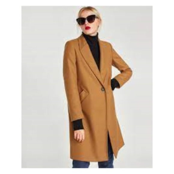 Zara Coat Women's Med Camel Tan Preppy New York Chic Style Classic Chicago Fall - Picture 1 of 9